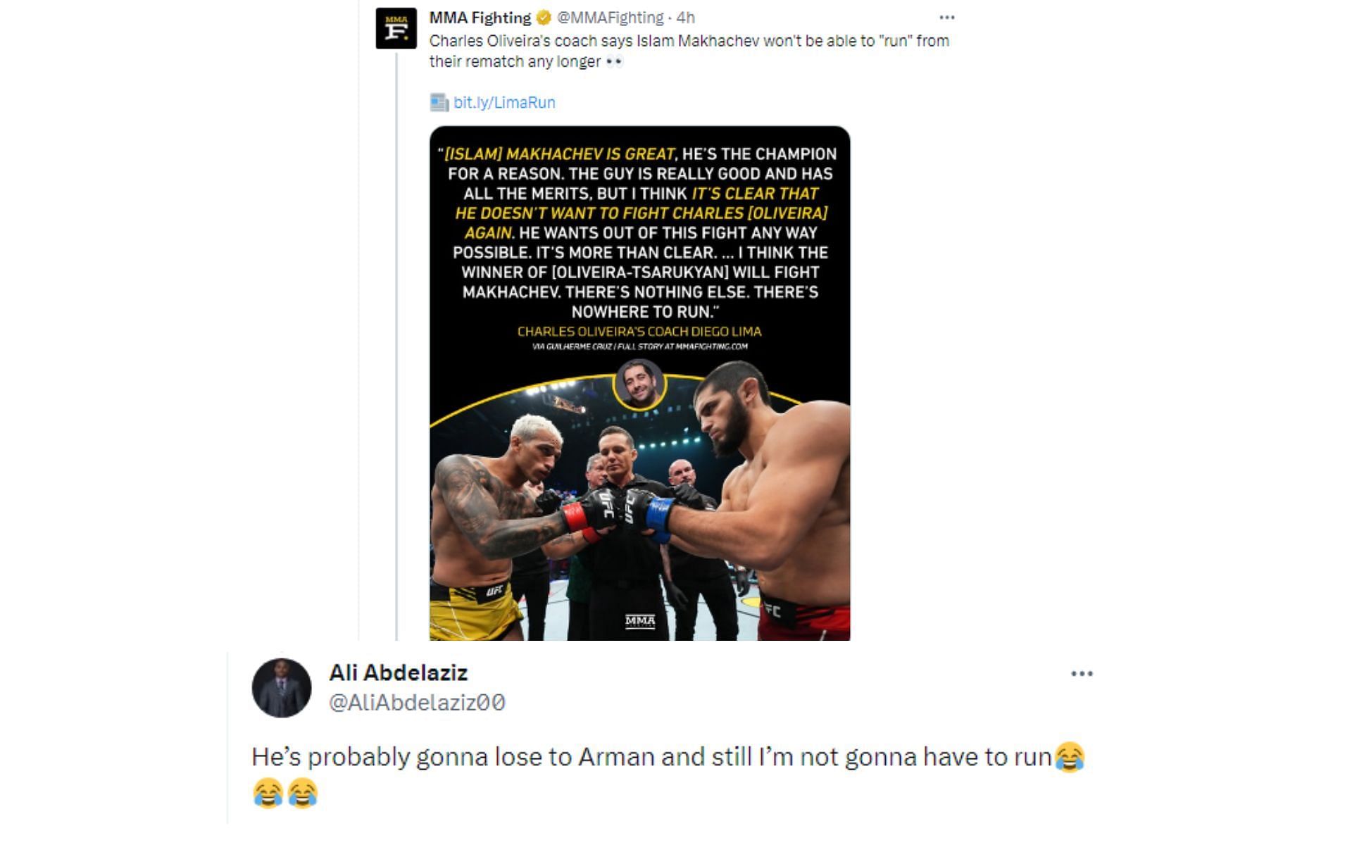 Tweet containing Lima&#039;s comments and Abdelaziz&#039;s response [Image courtesy: @MMAFighting - X]