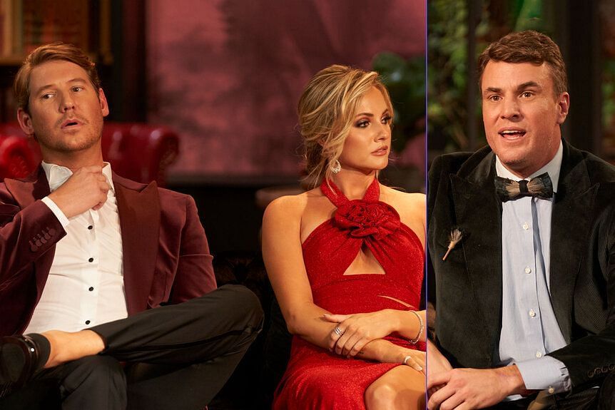 Taylor Ann Green, Austen Kroll, and Shep Rose in Southern Charm season 9 reunion (Image via Bravo)