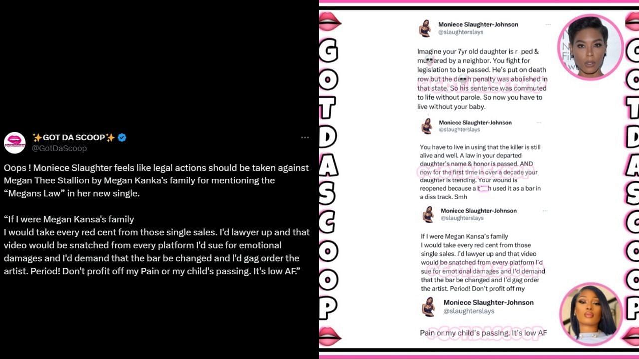 Moniece Slaughter&#039;s tweets against Stallion&#039;s lyrics (Image via X/GotdaScoop)