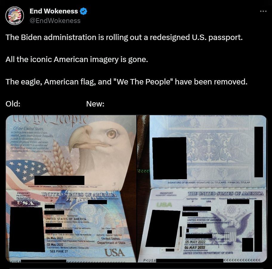 End Wokeness&#039; viral post claimed that Joe Biden removed patriotic imagery from new passports (Image via X/@EndWokeness)