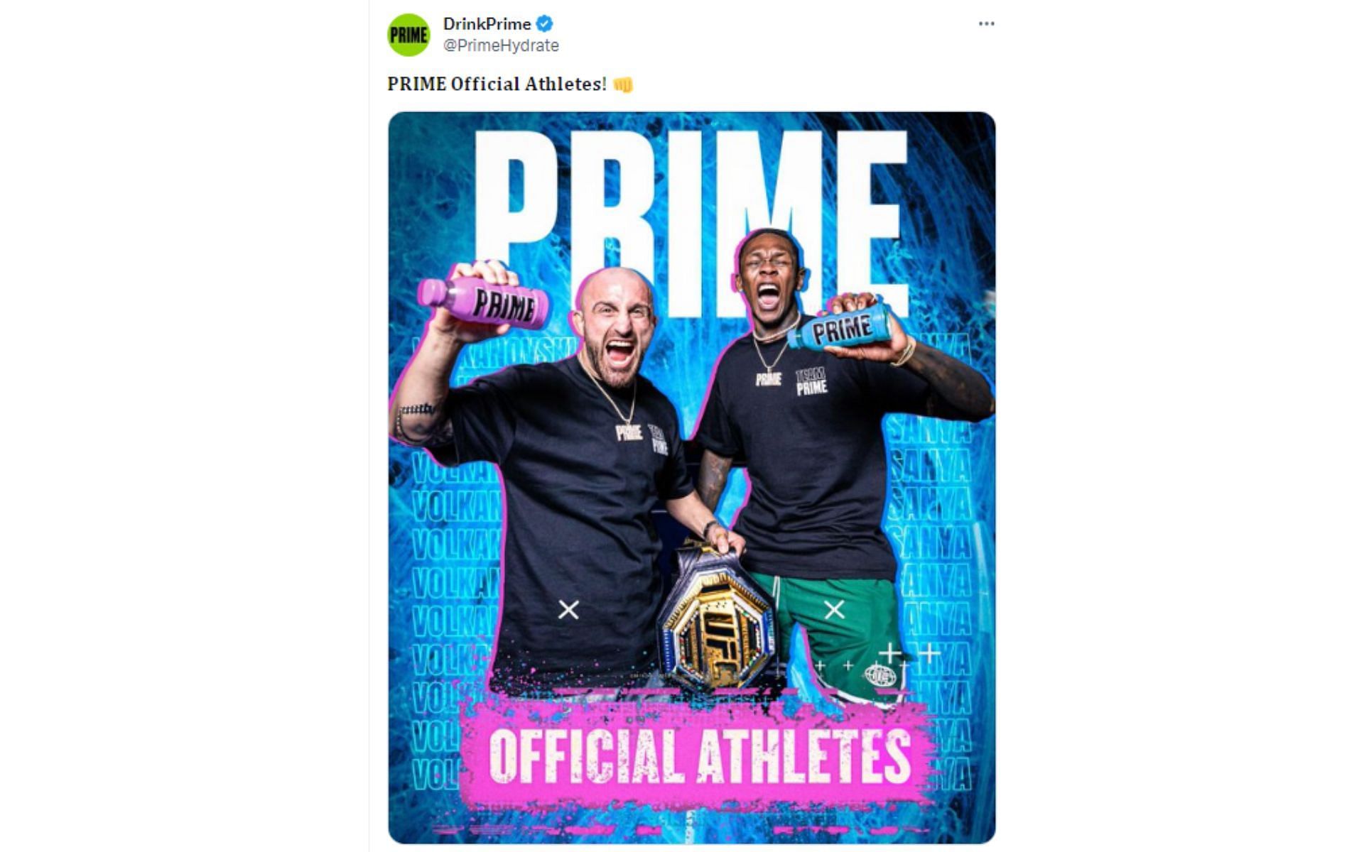 Tweet regarding Adesanya and Volkanovski signing endorsement deals with PRIME [Image courtesy: @PrimeHydrate - X]