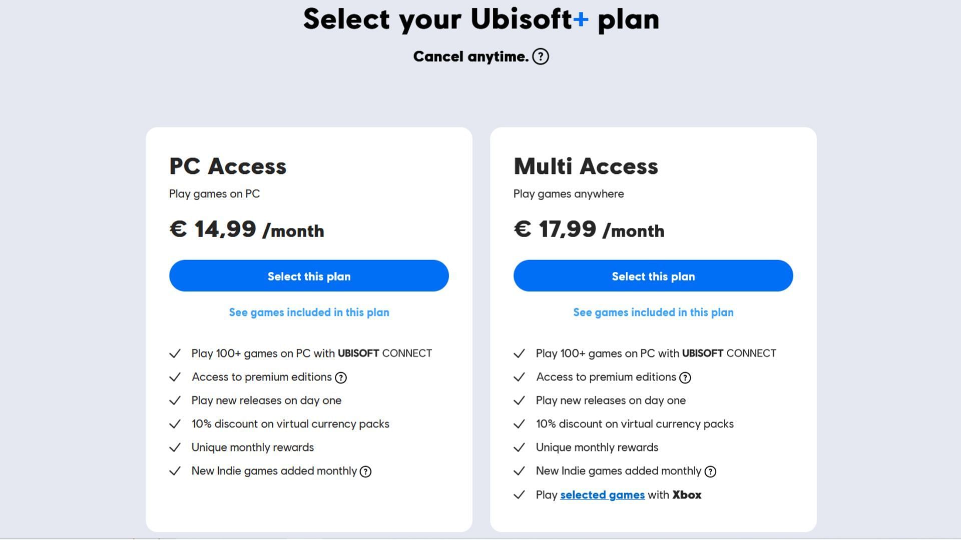 Ubisoft Plus service plans. (Image via Ubisoft)