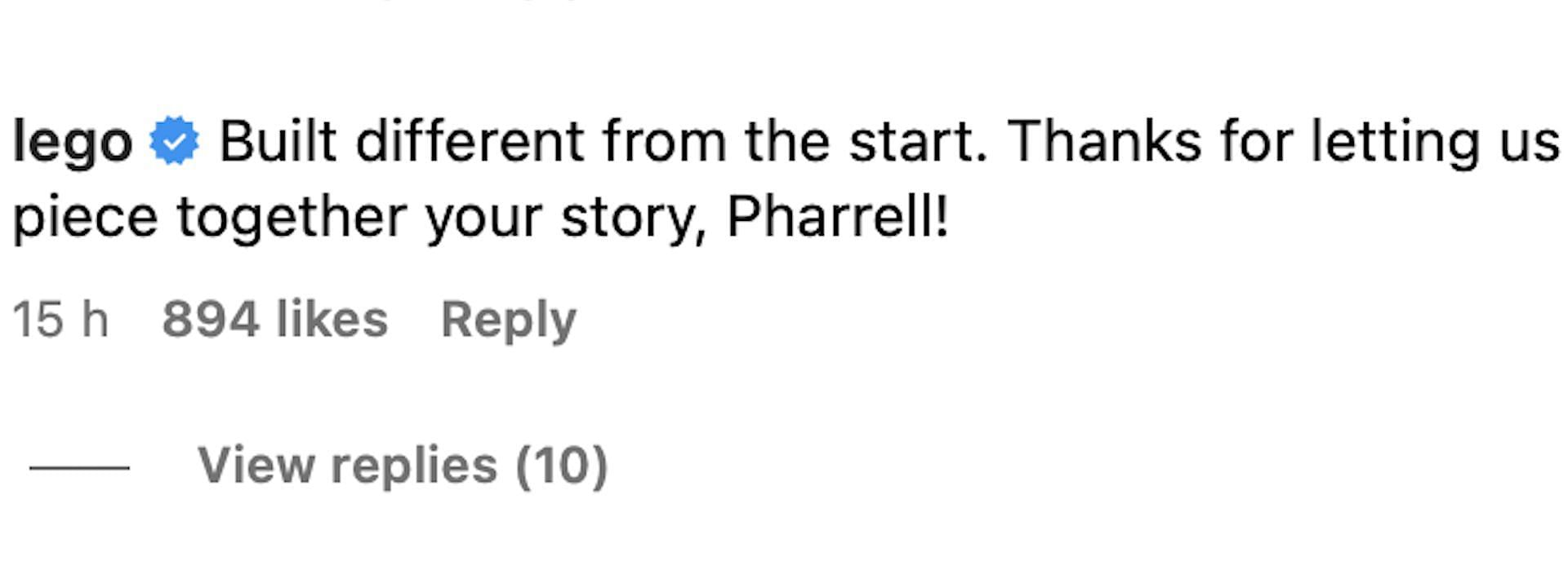 The Official LEGO Instagram account responds to Pharrell&#039;s post (Image via Instagram/@pharrell)