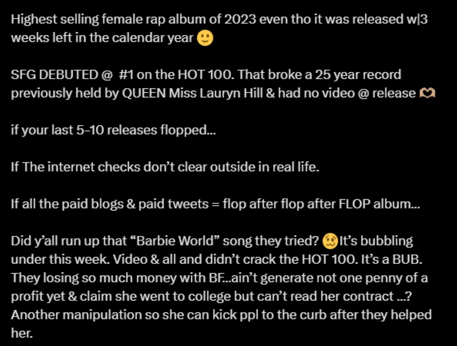 Nicki Minaj&#039;s lengthy X statement against Megan Thee Stallion 3/4 (Image via NICKIMINAJ/X)