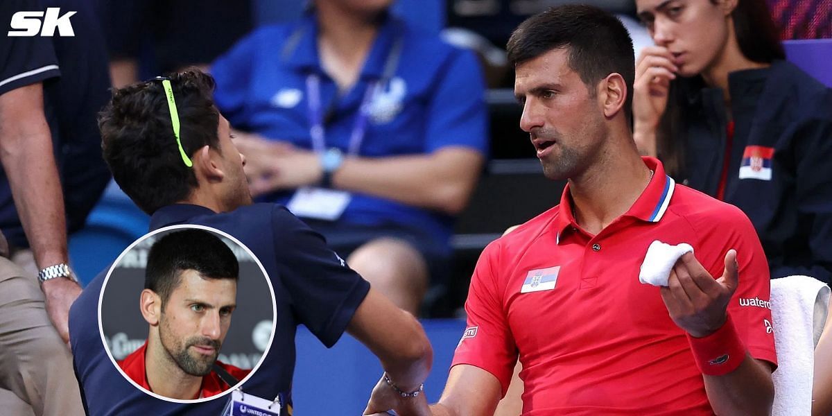 Novak Djokovic talks to physio at United Cup 2024