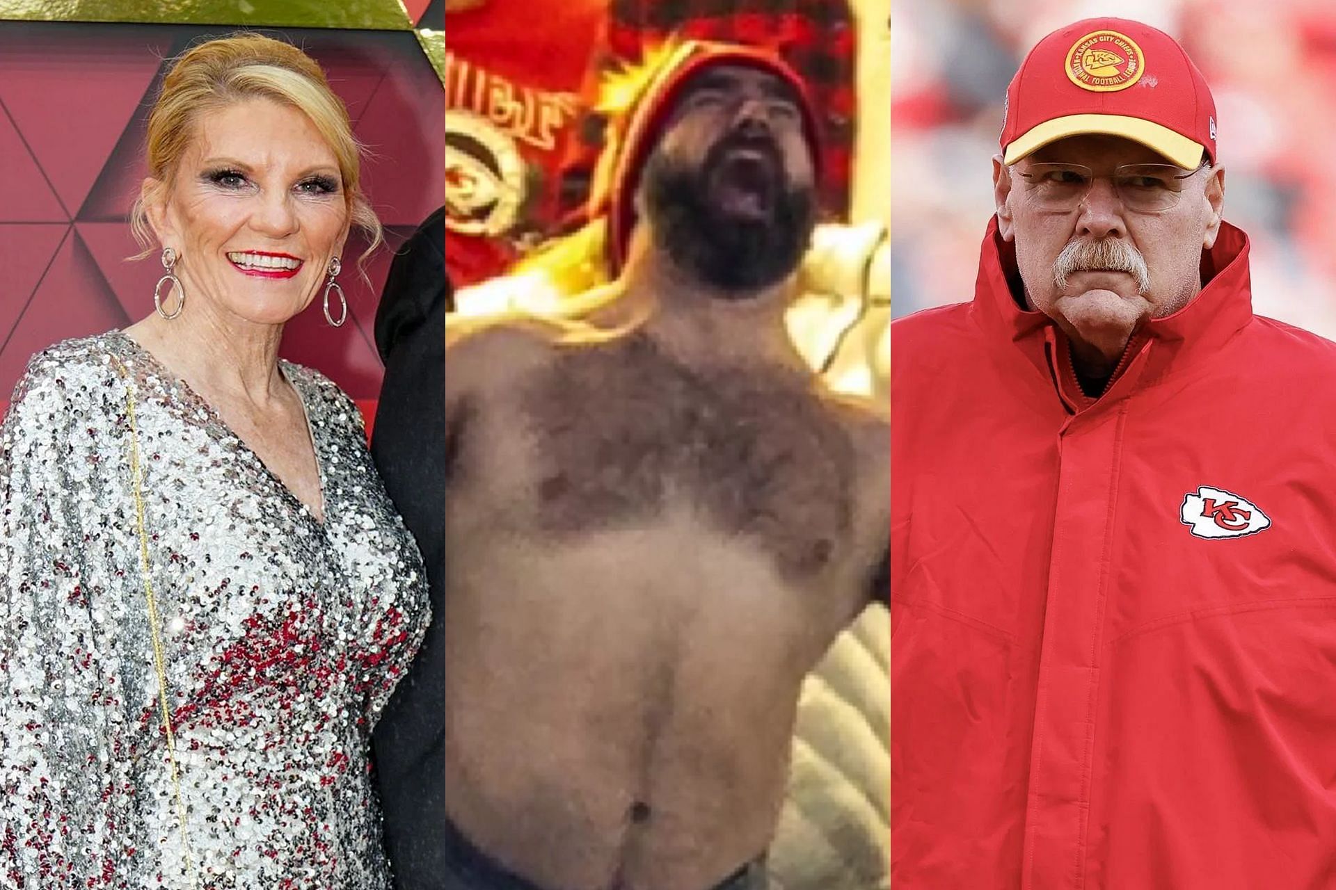 Tammy Reid, Jason Kelce Shirtless, Andy Reid, L-R (Pic Credit: Getty Images and X@KSHB41)