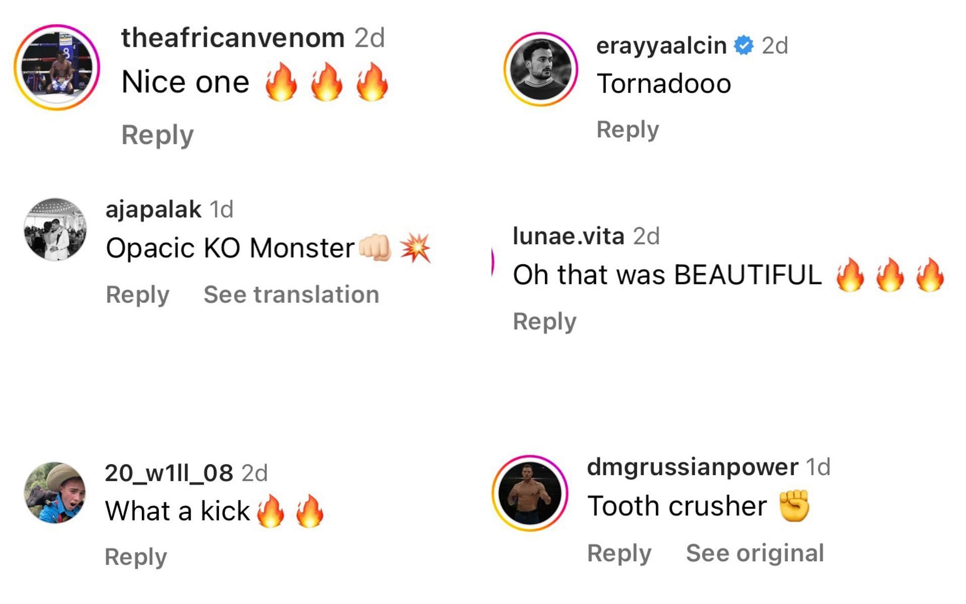 Instagram comments praising Opacic&rsquo;s vicious knockout win