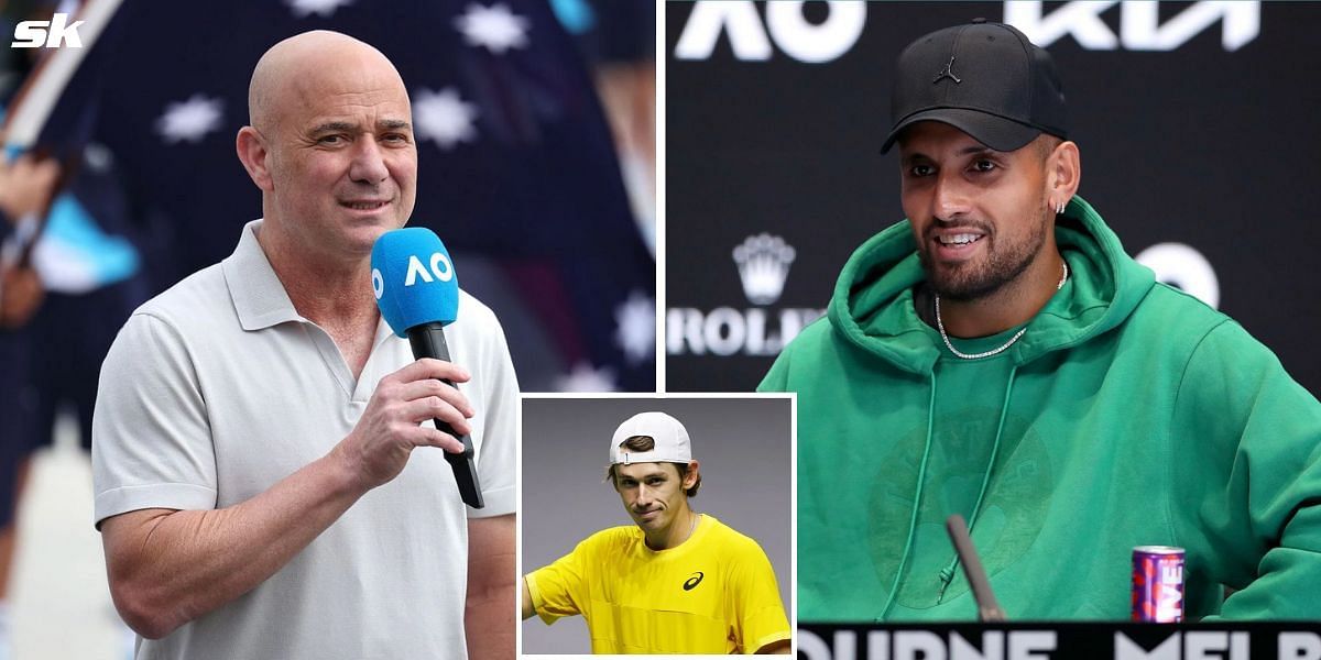 Andre Agassi (L), Alex de Minaur (inset) and Nick Kyrgios (R)