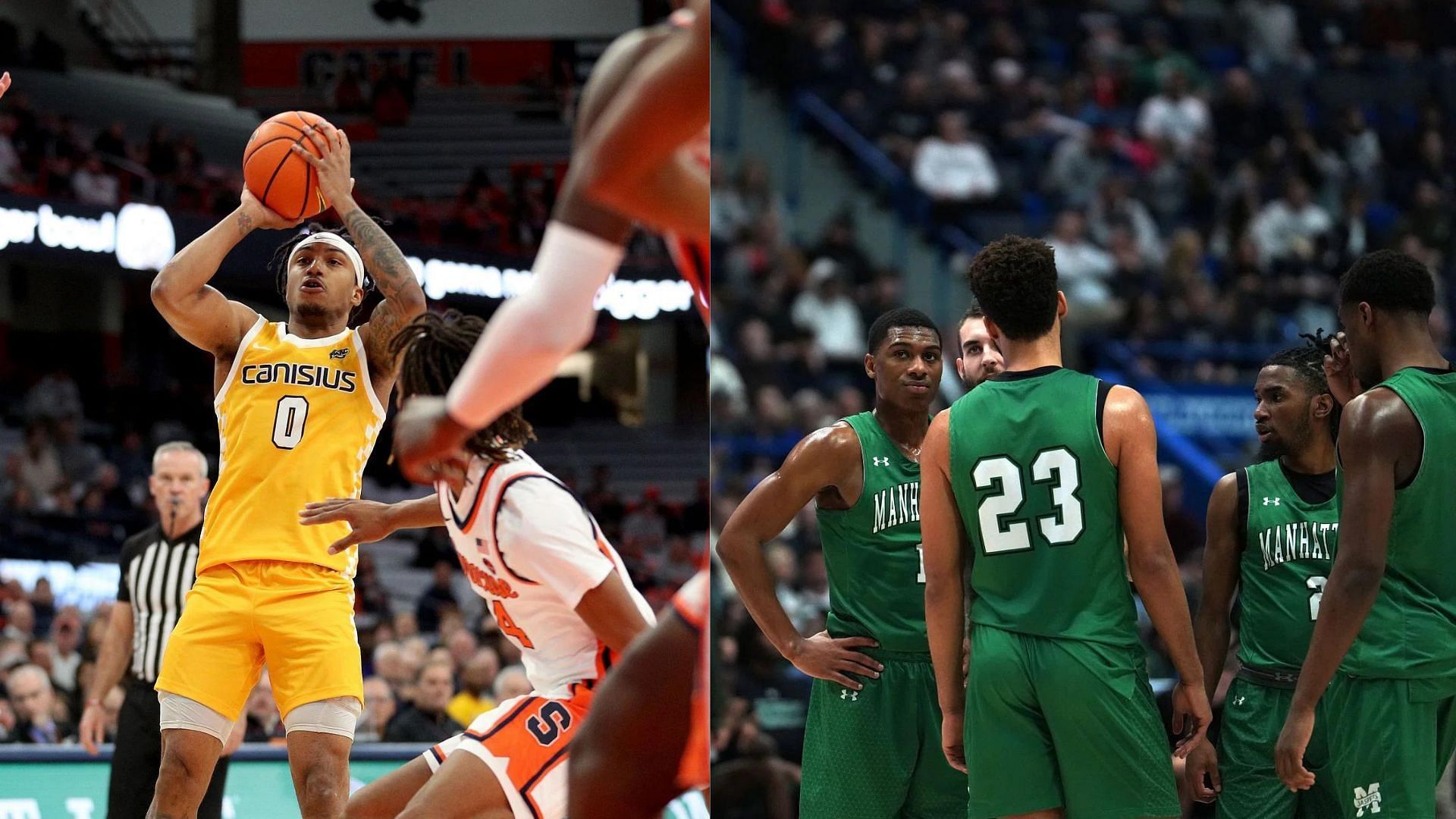 Tre Dinkins of the Canisius Golden Griffins (left) and the Manhattan Jaspers (right)