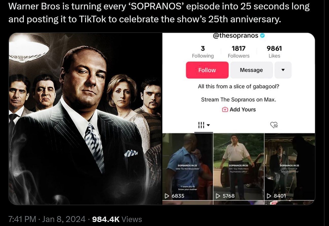 DF&#039;s post about Sopranos (Image via X)