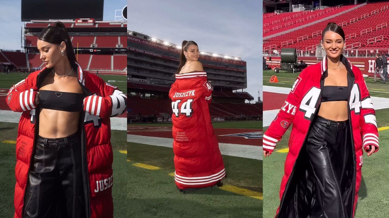 Kristin Juszczyk wearing a Kyle Juszczyk-inspired jacket in the NFC Championship Game
