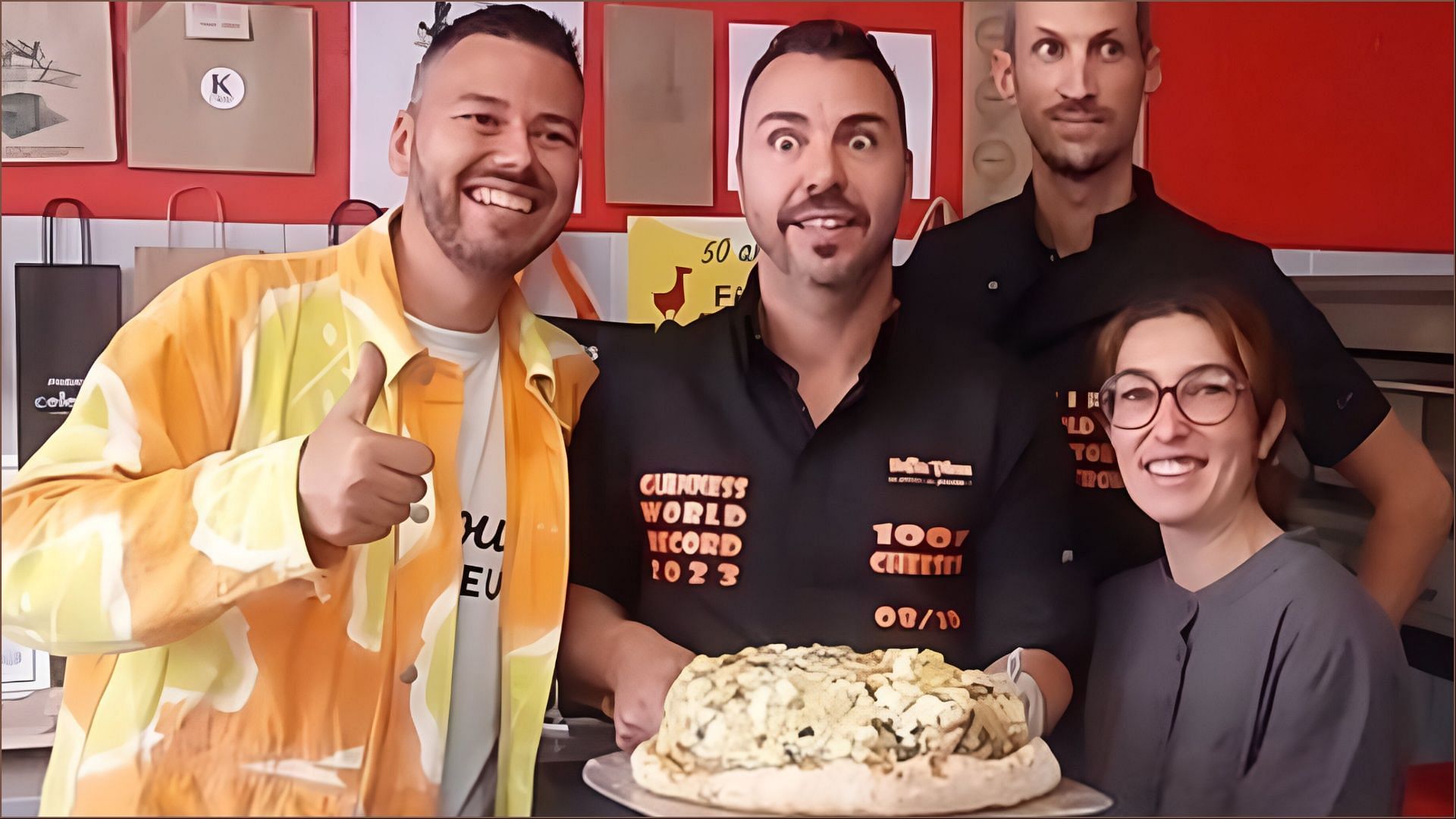 Beno&icirc;t Bruel and Fabien Montellanico broke the world record by baking a pizza with over 1,001 varieties of cheeses (Image via Guinness World Records)