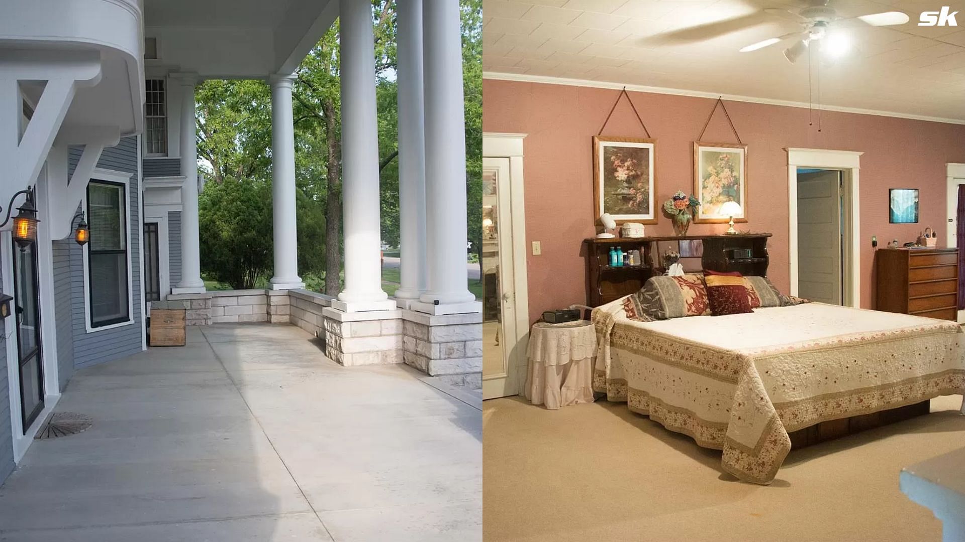 Bedroom and outside porch of Mickey Mantle&#039;s mansion in Independence, Kansas