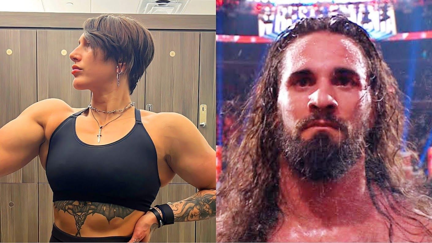 WWE RAW Superstars Rhea Ripley (left) and Seth Rollins (right)