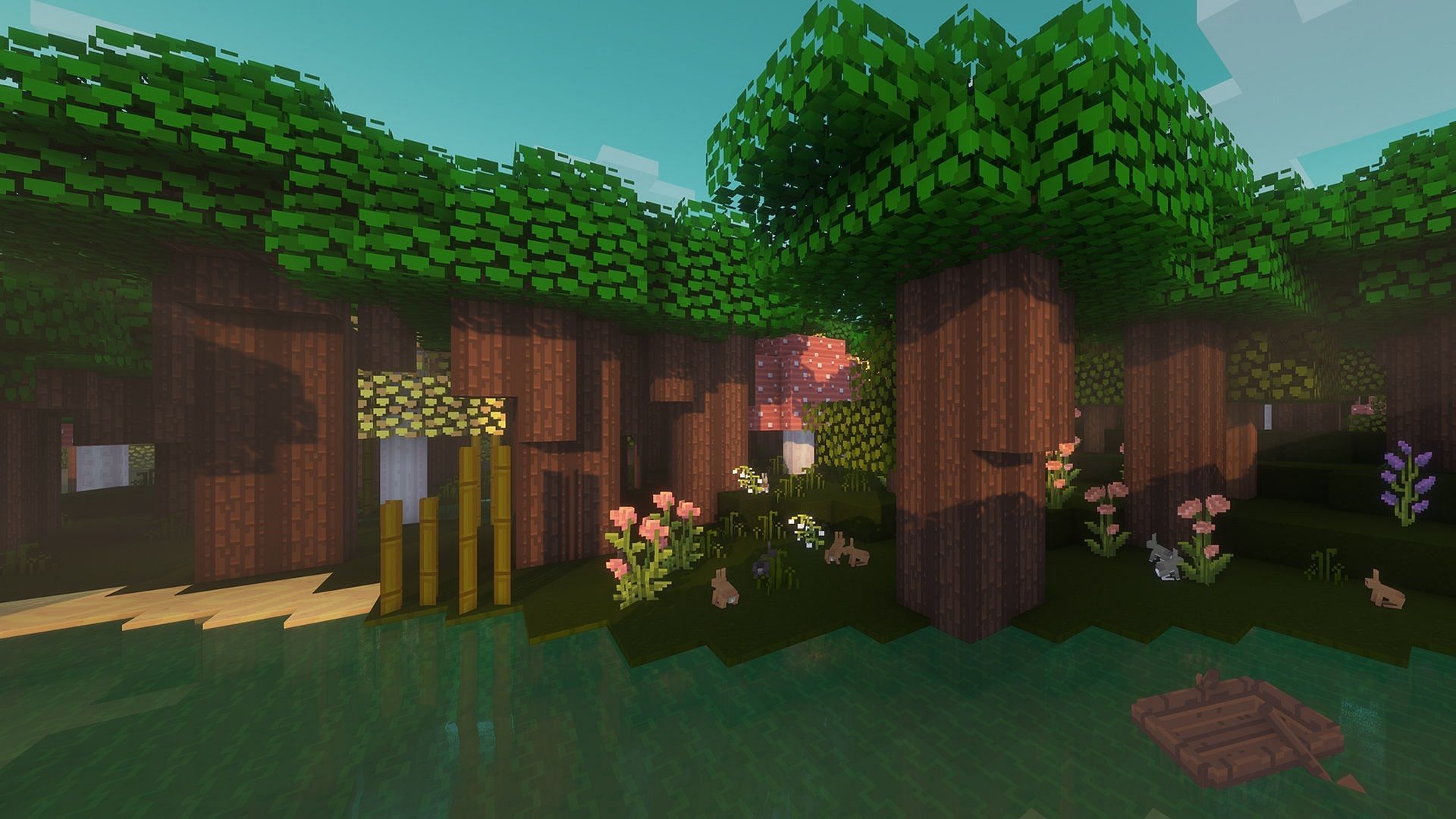 A dark oak forest in Minecraft rendered in Dandelion X (Image via Xerotrinity/CurseForge)
