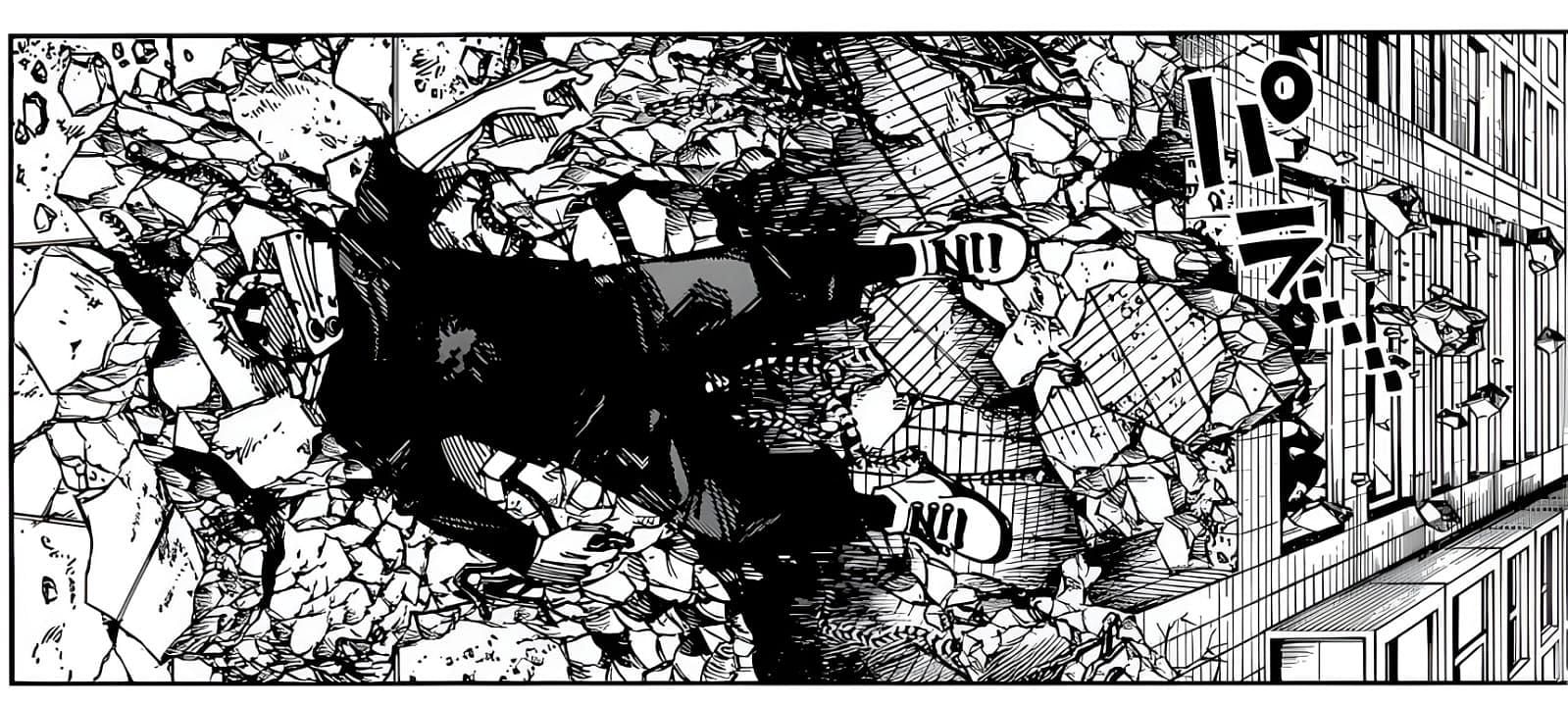 Yuji lying in a mess after blasting through several buildings (Image via Gege Akutami/Shueisha)