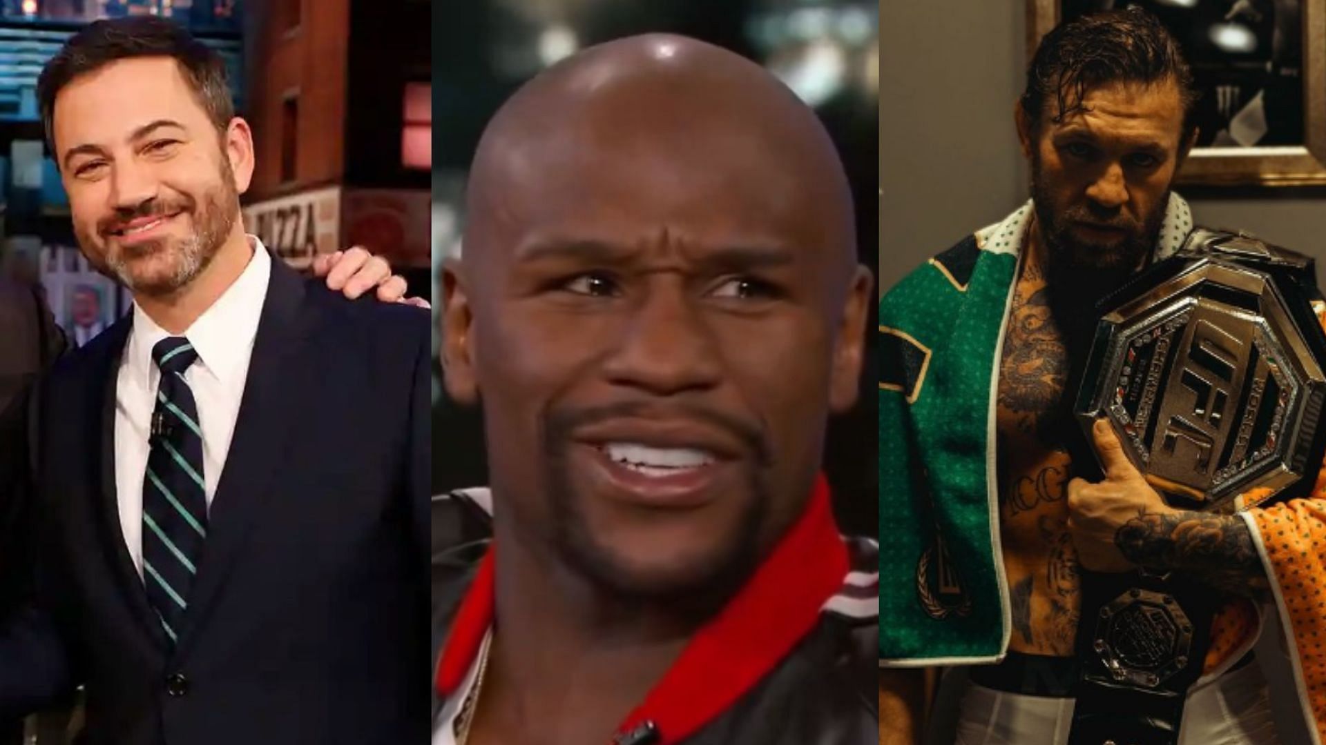 When Jimmy Kimmel (left), asked Floyd Mayweather (centre) a NSFW question regarding Conor McGregor (right) [Images courtesy of Jimmy Kimmel Live on YouTube &amp; @thenotoriousmma on Instagram]