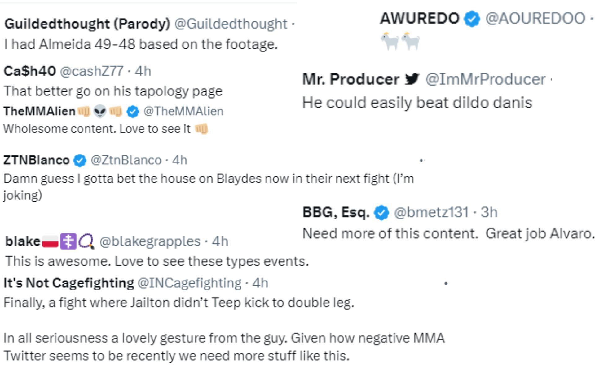 Screenshot of fan reactions to Jailton Almeida&#039;s MMA match with Alvaro Borges