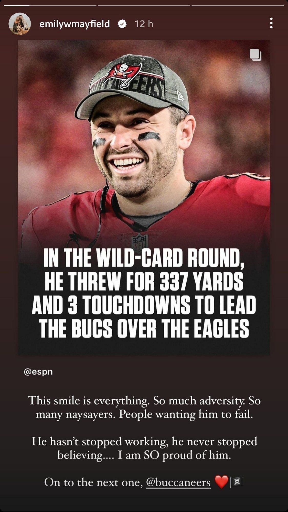 Emily Mayfield's Instagram Story denouncing Baker Mayfield's detractors