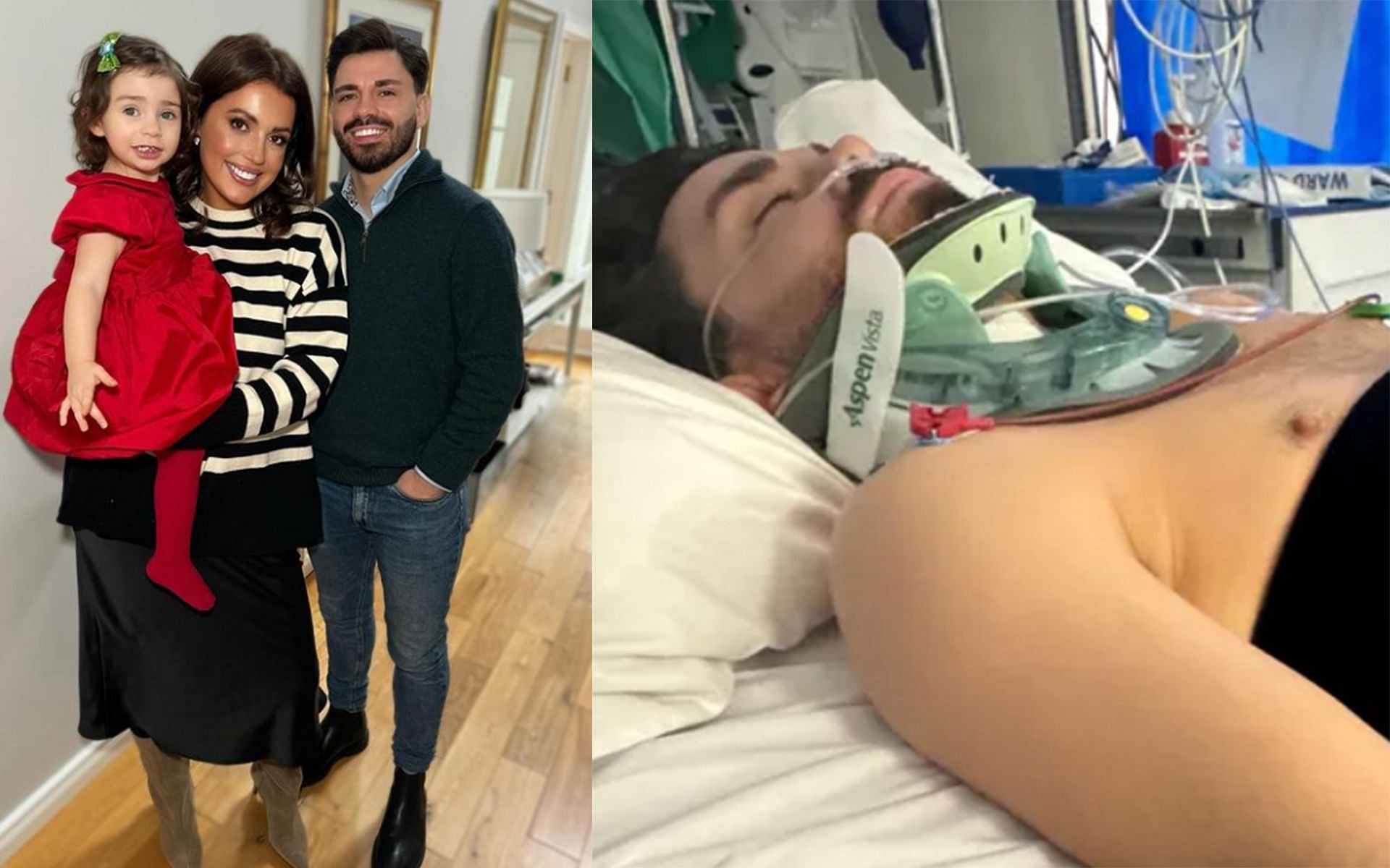 Ryan Curtis with his partner Emma and daughter (left) has been in the ICU (right) since the accident (Images Courtesy: @emzac_ Instagram and gofundme