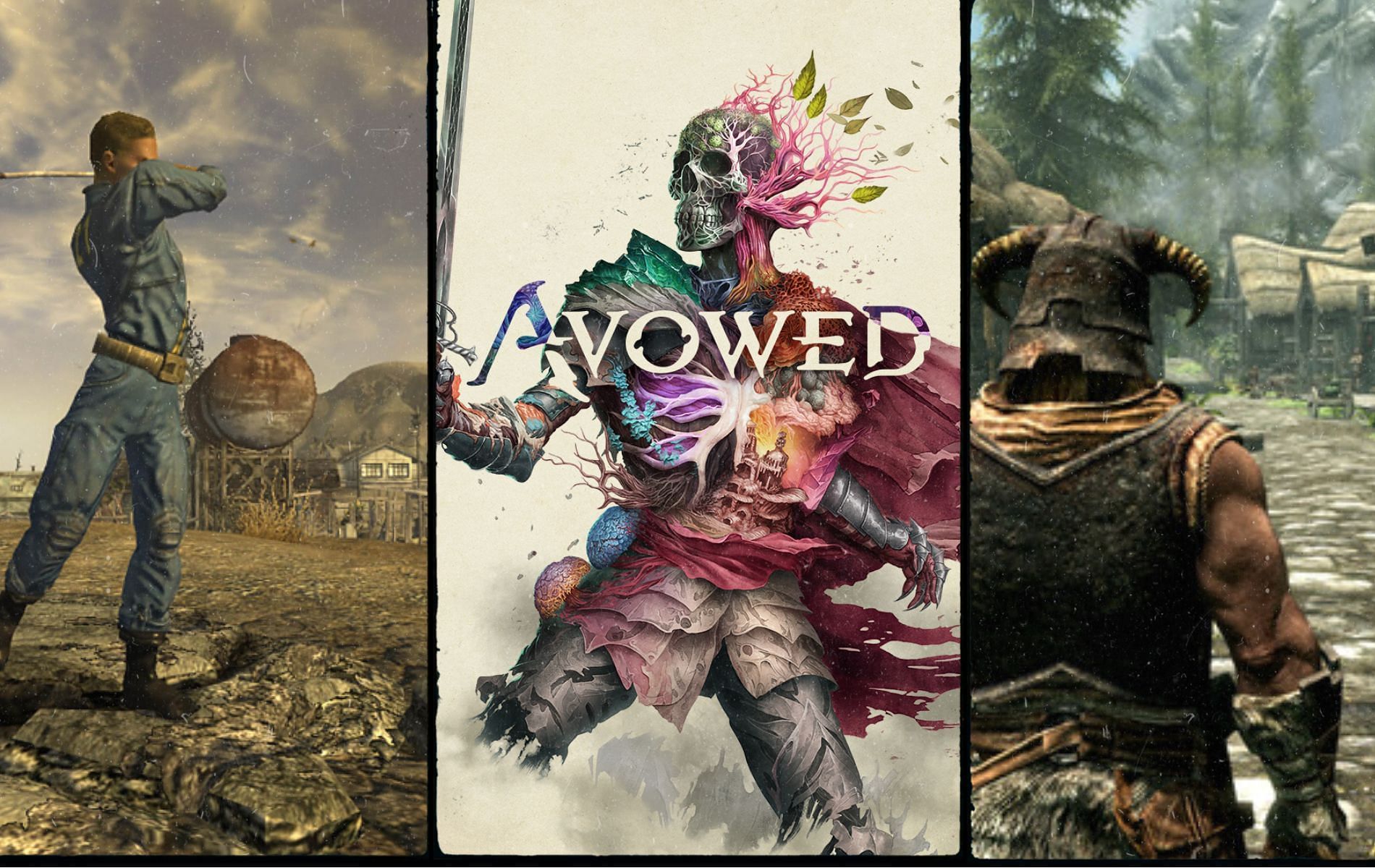 Screenshot and Artwork via Avowed, Fallout New Vegas and Skyrim showcasing some of the best RPGs 