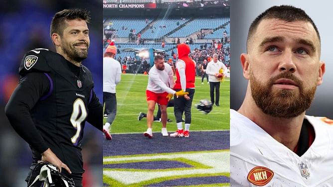 WATCH: Travis Kelce throws Justin Tucker's helmet away as Ravens kicker warms up near Patrick Mahomes