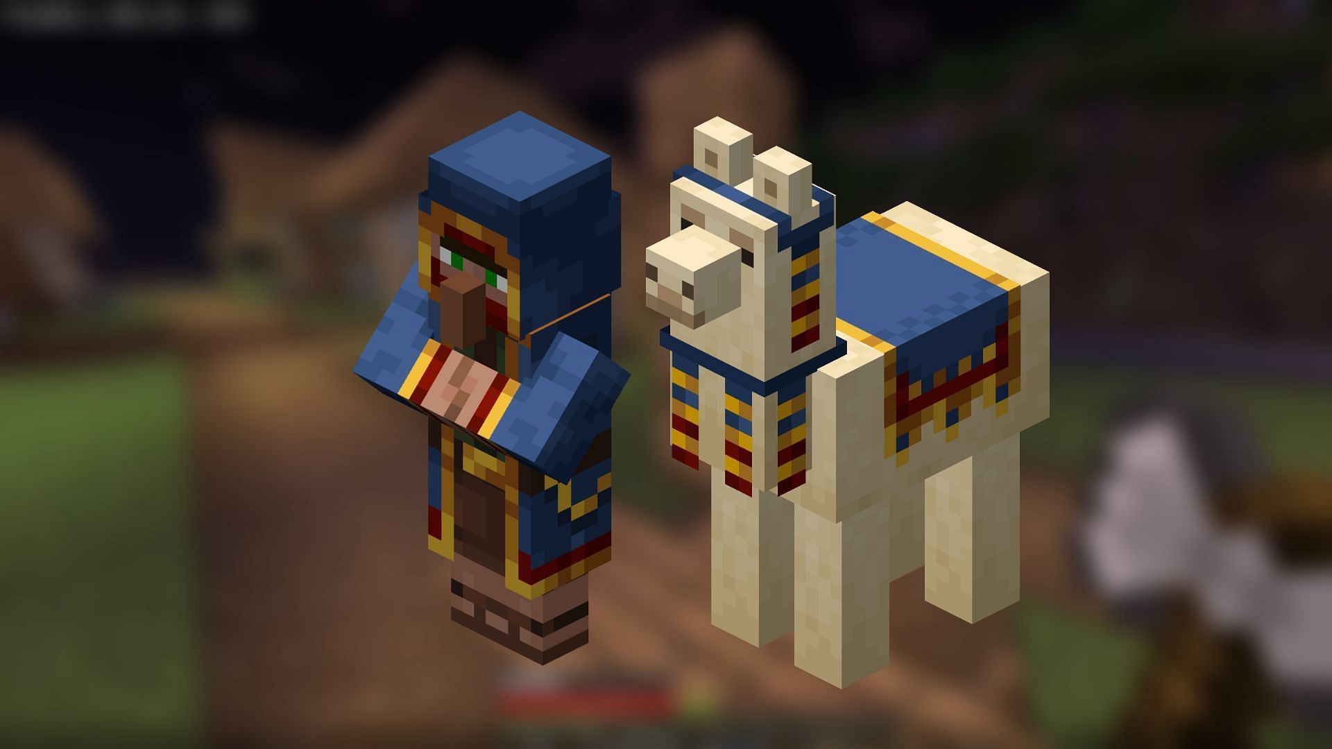 A wandering trader and a trader llama in Minecraft.