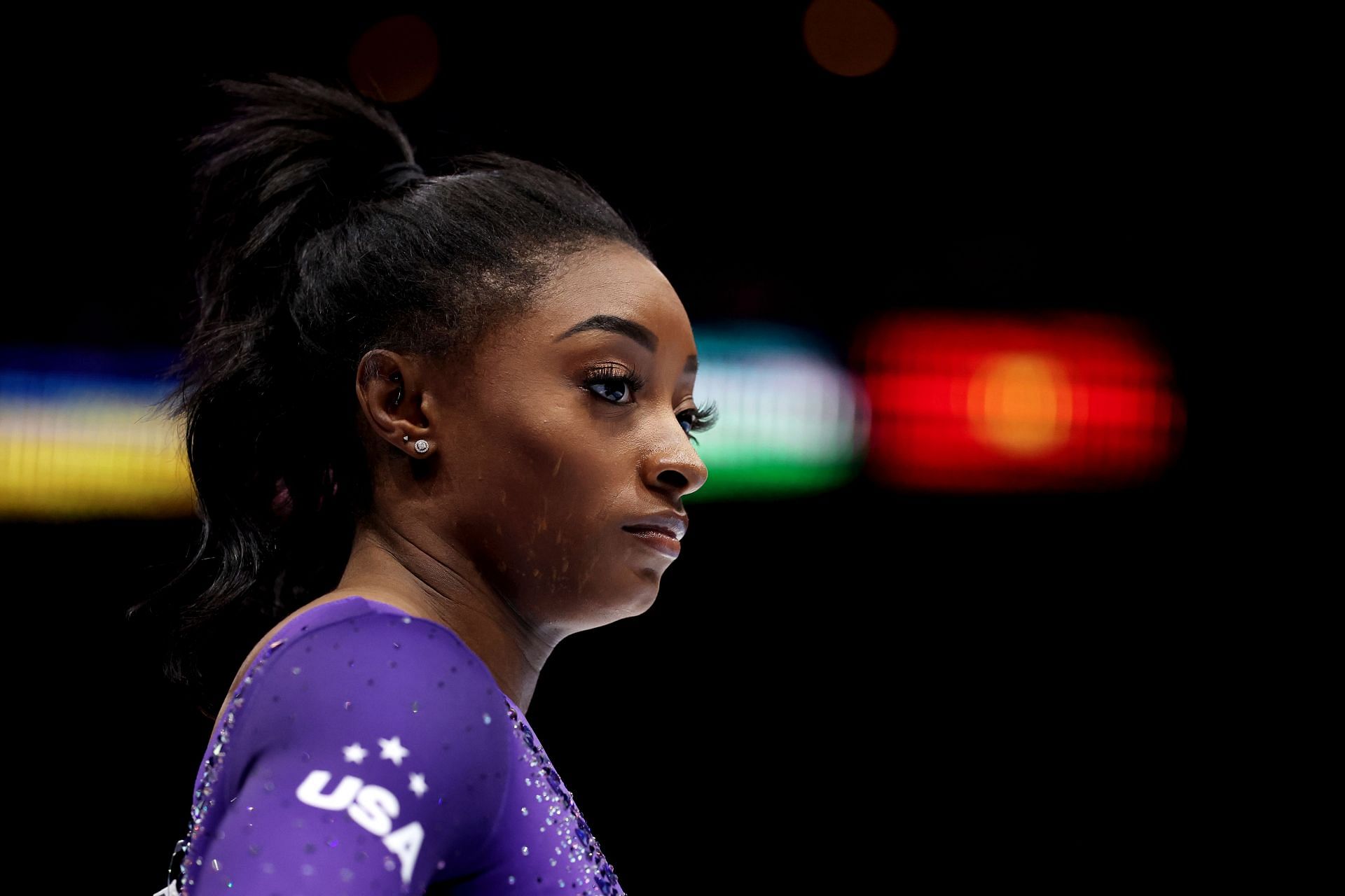 Simone Biles of Team United States looks on as she competes on Beam during the Women&#039;s Apparatus Finals at the 2023 Artistic Gymnastics World Championships in Antwerp, Belgium.