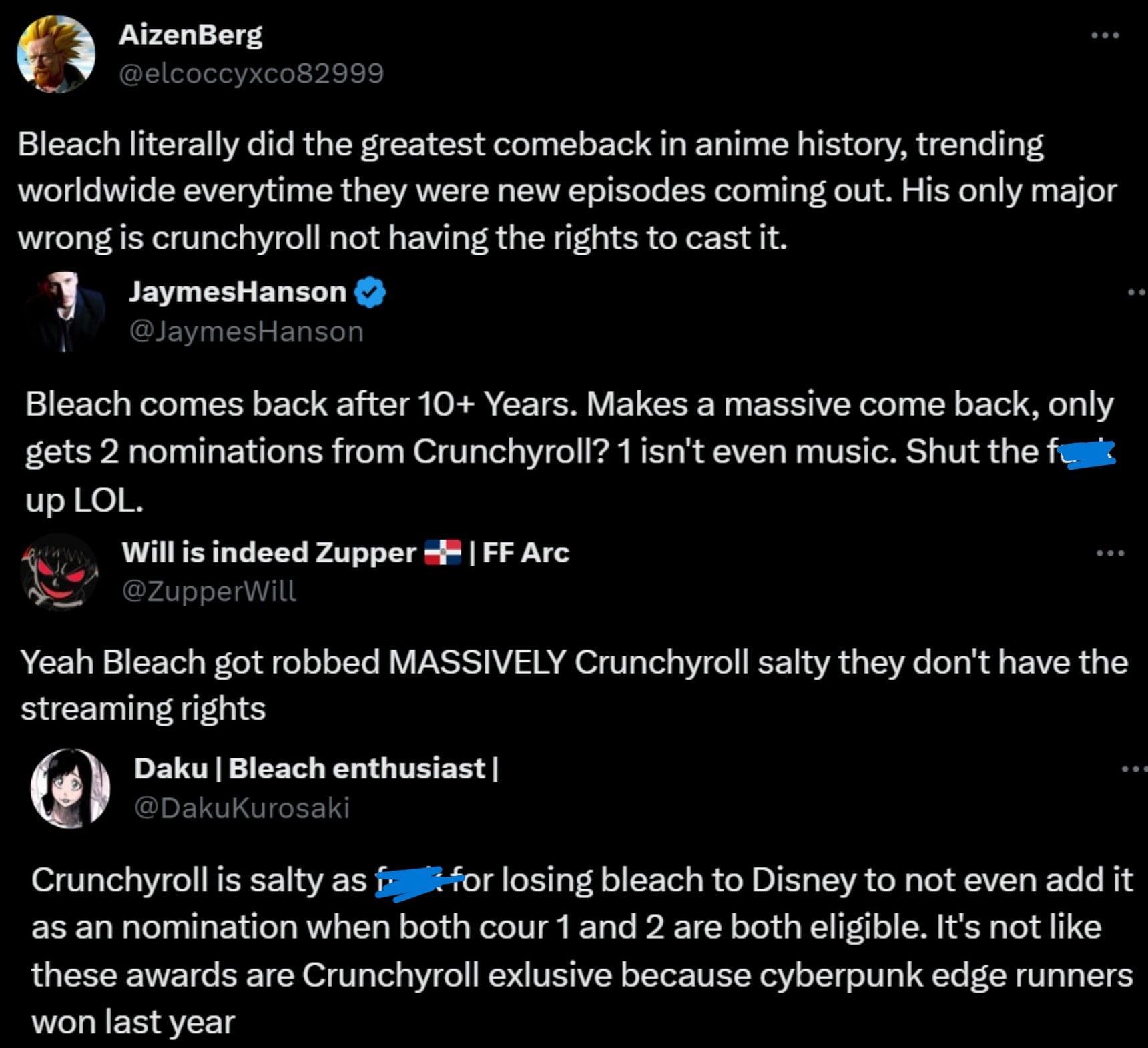 Fans are not happy with Crunchyroll over the decision not to nominate Bleach TYBW Part 2 (Screengrab via X)