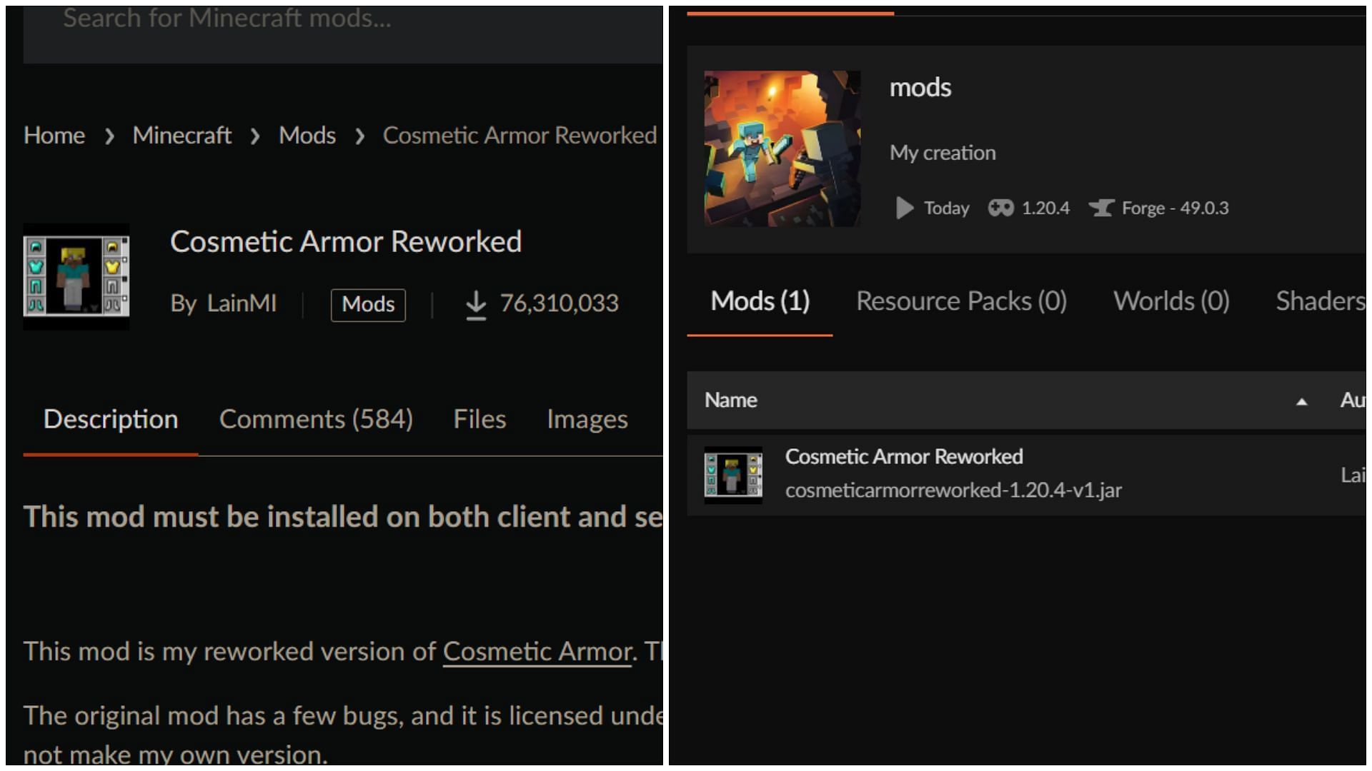 The mod can be downloaded from the CurseForge website (Image via Mojang)