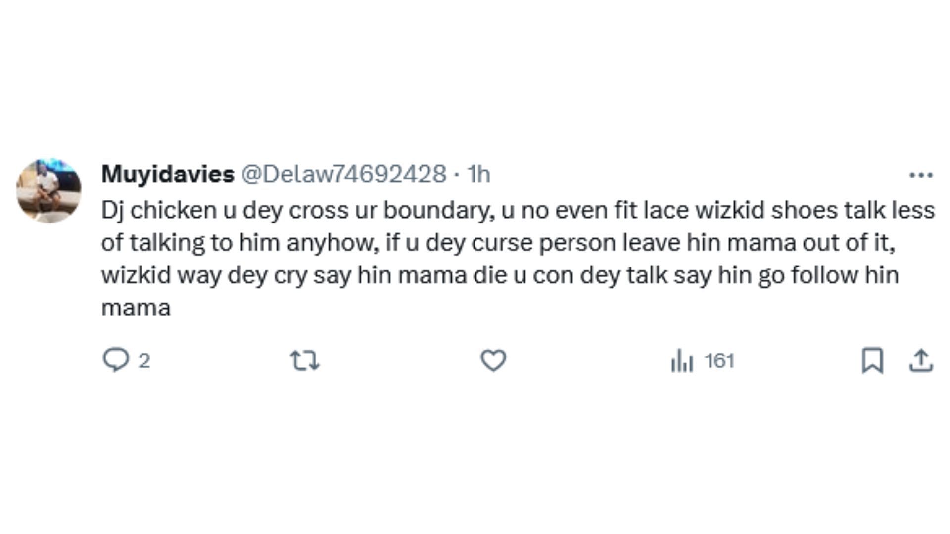 X users react as the Nigerian social media sensation said mean things about Wizkid&#039;s mother (Image via X / @Delaw74692428)