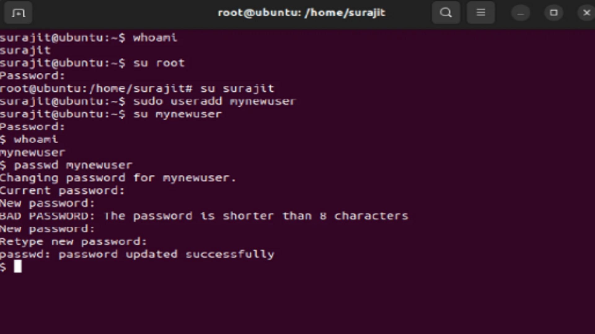 whoami, su, useradd, passwd command (Image via Ubuntu)