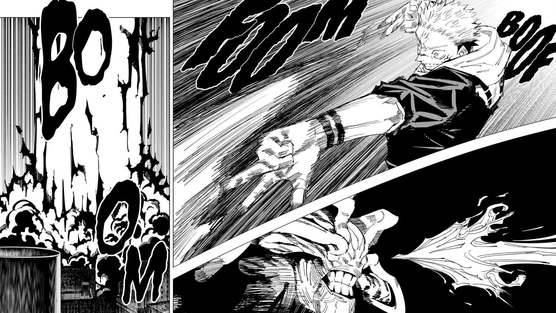 Sukuna uses Fire Arrow on Mahoraga (Image via Shueisha)