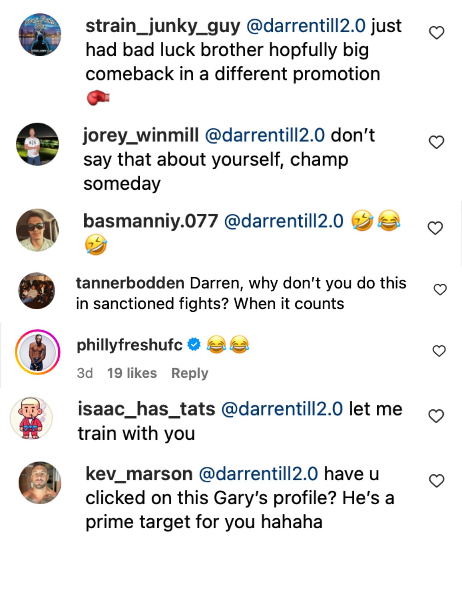 Fan reactions to Darren Till's comedic comment [via @darrentill2.0 on Instagram]