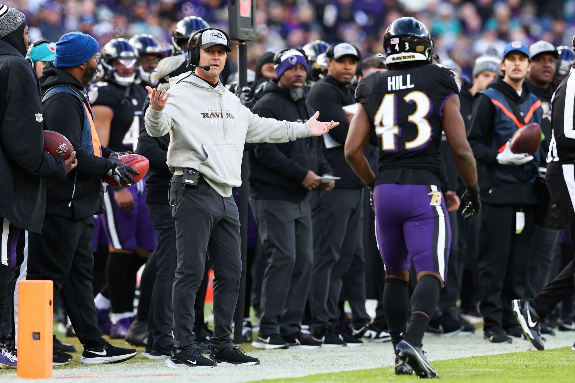 Miami Dolphins v Baltimore Ravens: BALTIMORE, MARYLAND - DECEMBER 31: Head coach John Harbaugh of the Baltimore Ravens reacts during the second quarter of the game against the Miami Dolphins at M&T Bank Stadium on December 31, 2023 in Baltimore, Maryland. (Photo by Todd Olszewski/Getty Images)