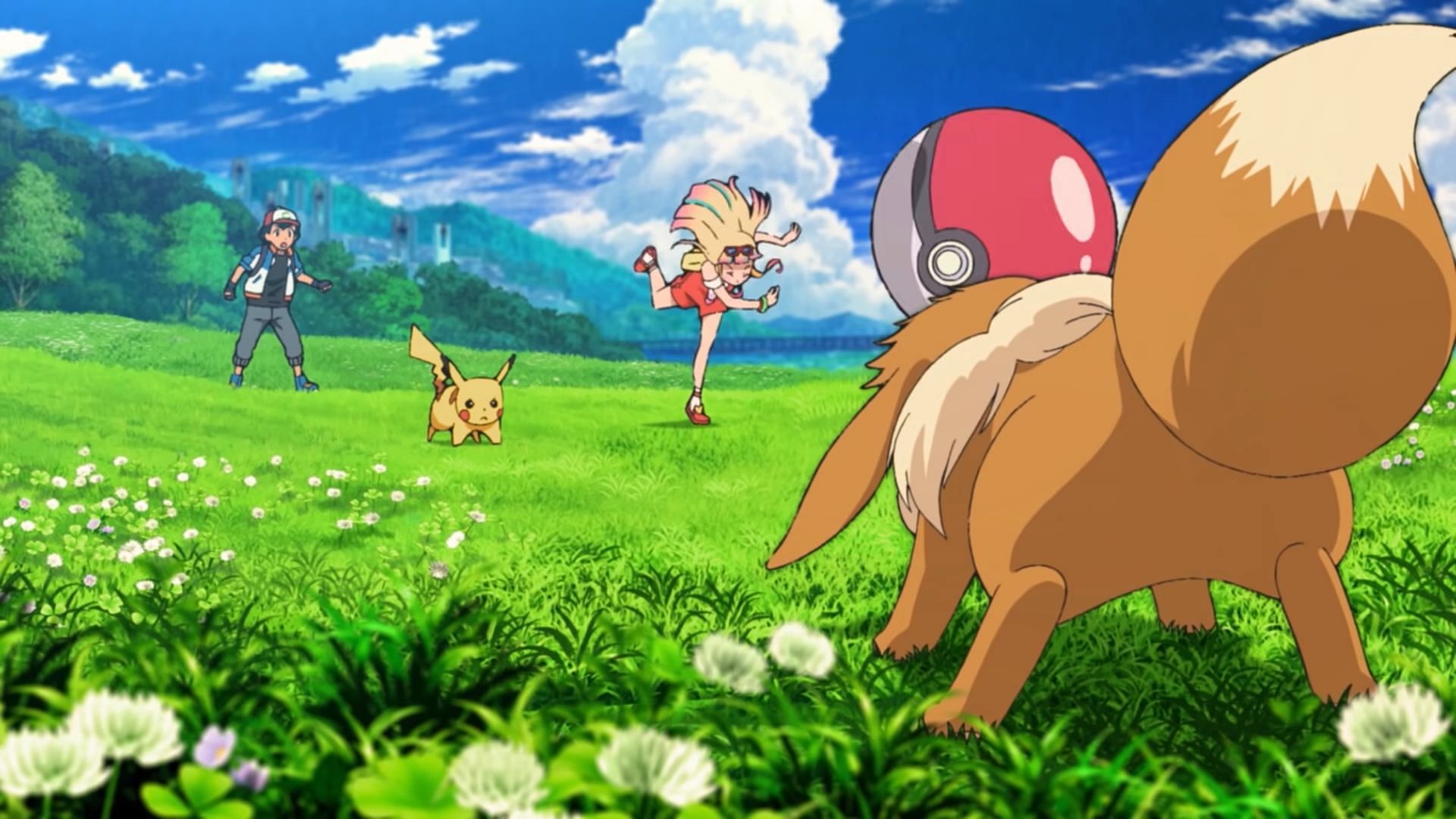 Ash helps Risa catch a wild Eevee in The Power of Us animated movie (Image via The Pokemon Company)