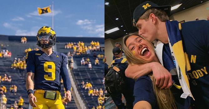 Michigan QB J.J. McCarthy shares post-victory kiss with GF Katya Kuropas after securing national championship