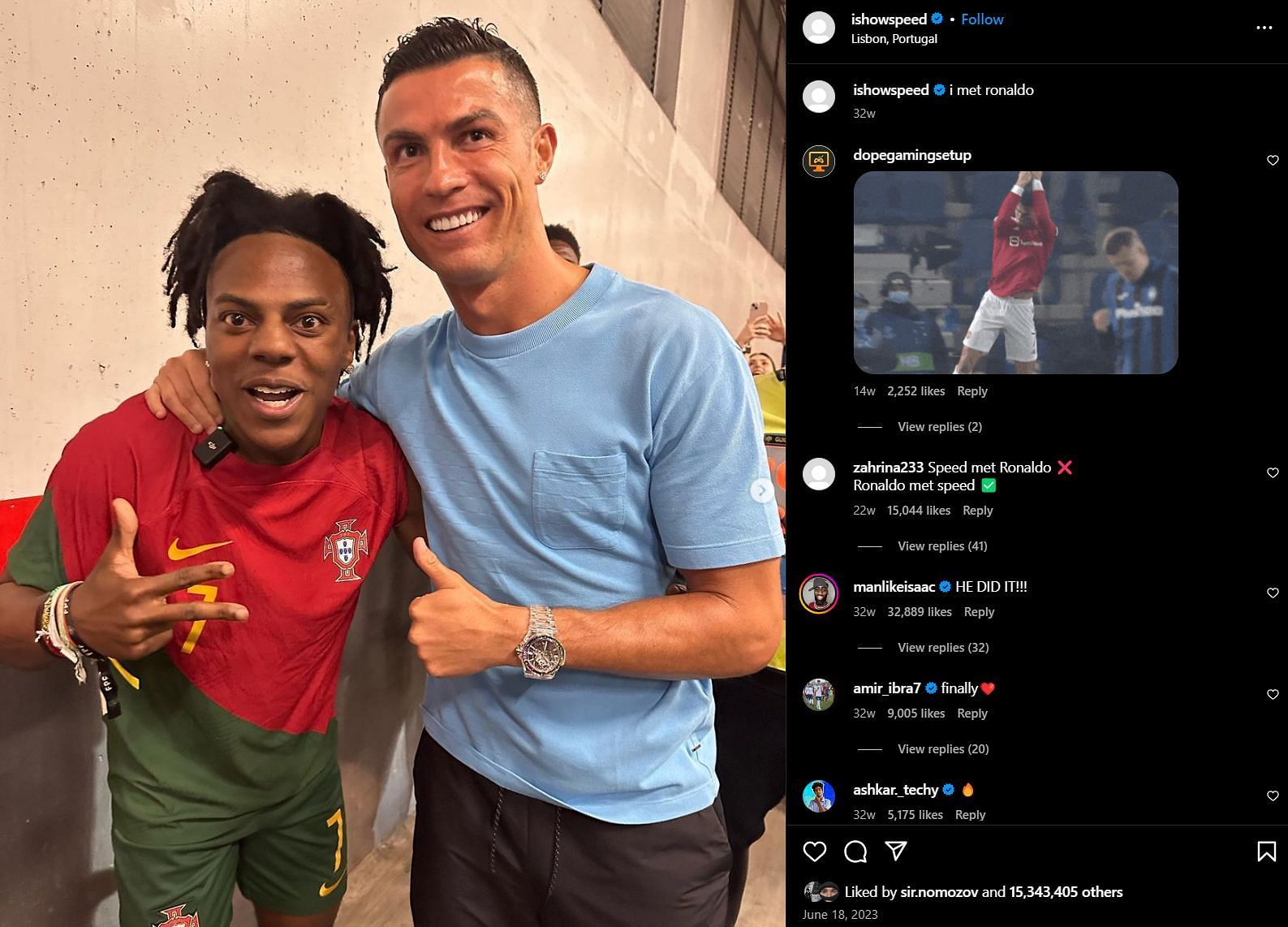 The Instagram post in which the streamer met with Ronaldo, dated June 18, 2023 (Image via IShowSpeed/Instagram)