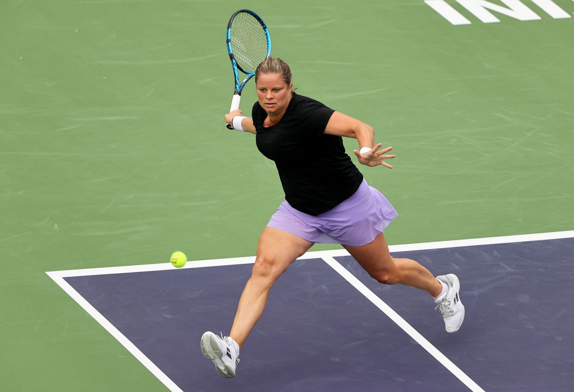 Kim Clijsters in action at the 2021 BNP Paribas Open in Indian Wells, California.