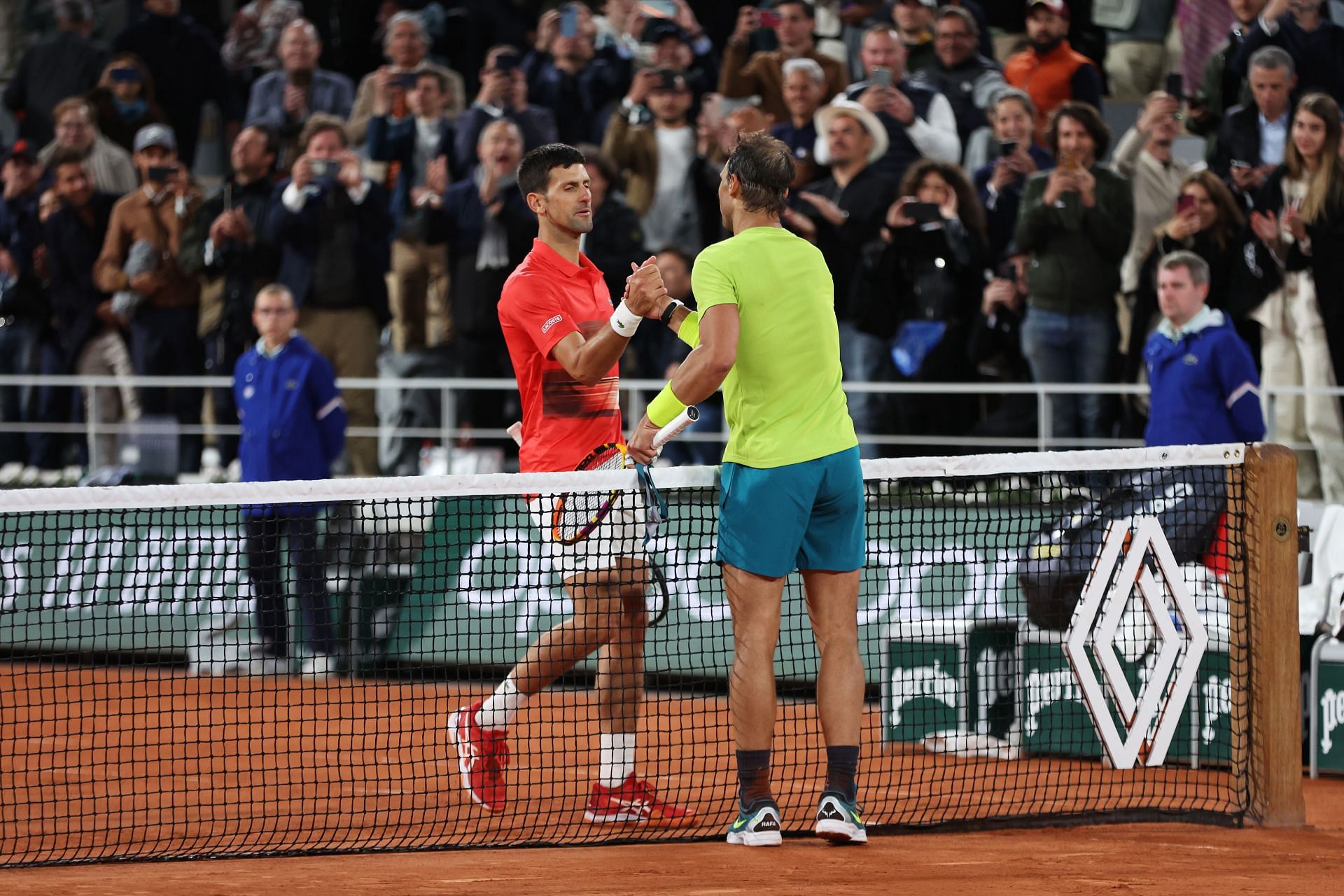Rafael Nadal and Novak Djokovic after their match at the 2023 French Open