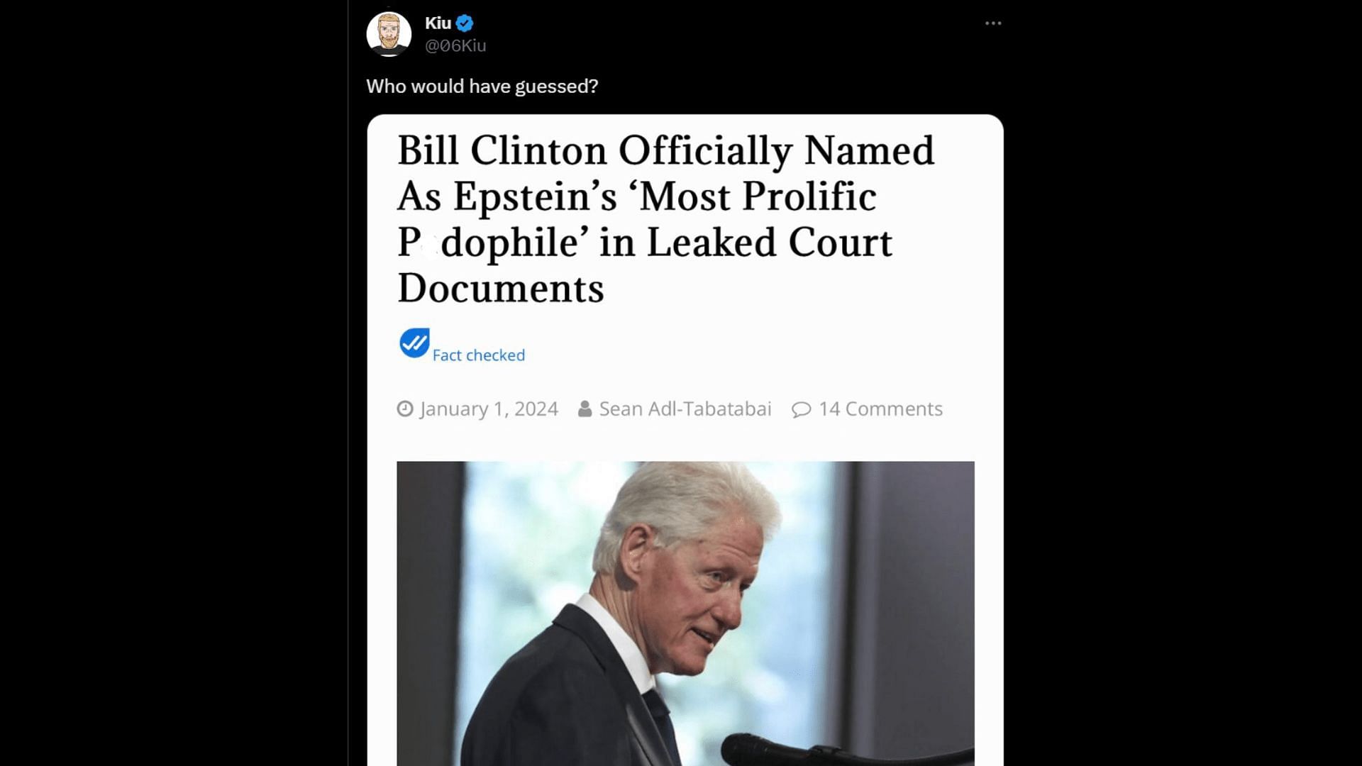 A netizen uses sarcasm about Clinton&#039;s link to Epstein. (Image via X/06kiu)