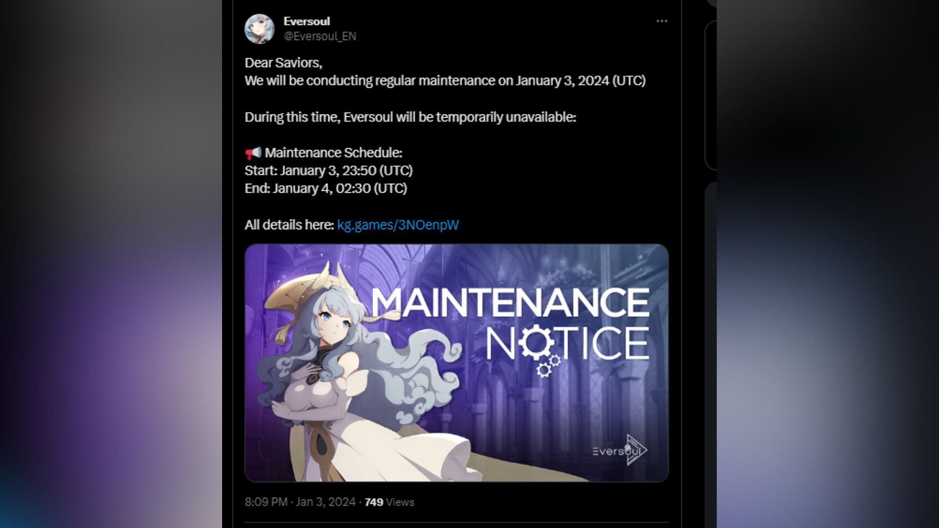 Eversoul maintenance notice on X (Image via X/@Eversoul_EN)