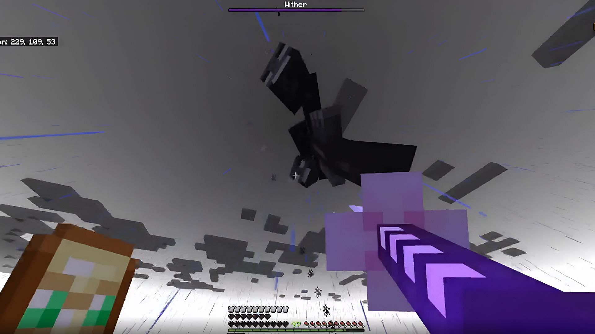 A Minecraft player attacks the Wither in midair with the trident.