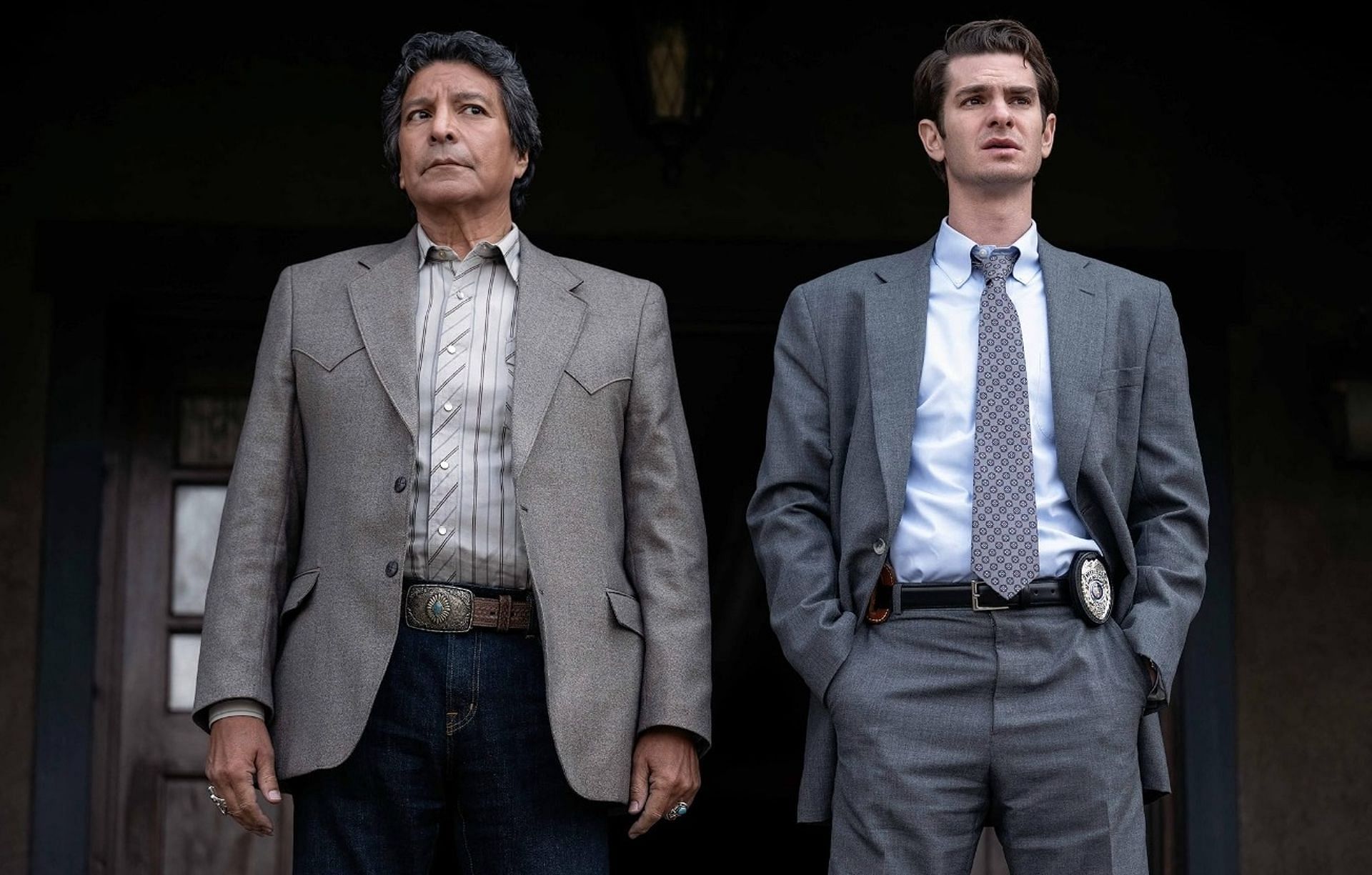 Gil Birmingham and Andrew Garfield in a scene from Under the Banner of Heaven (Image via IMDb)