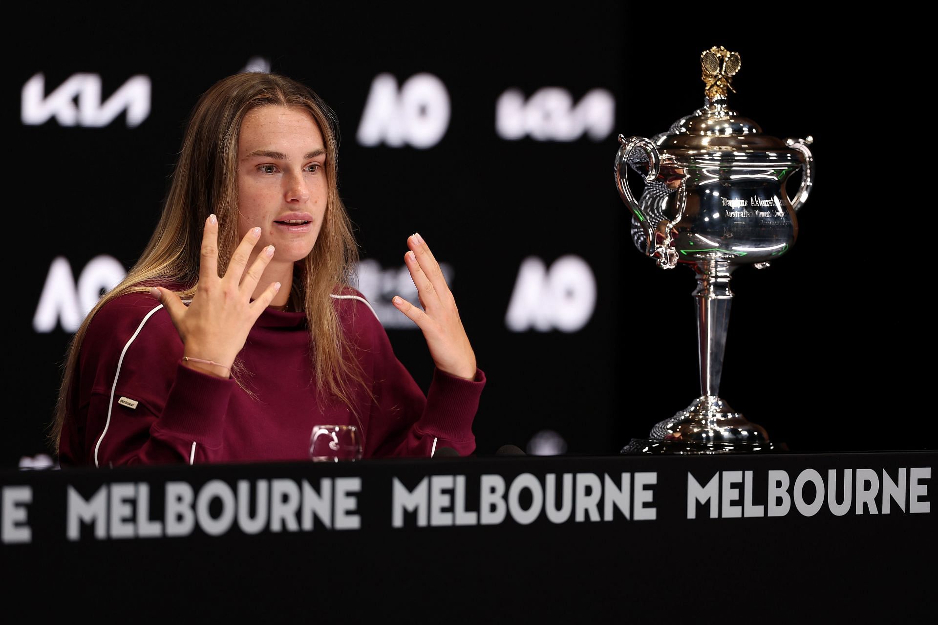 Aryna Sabalenka talks during her press conference in Melbourne