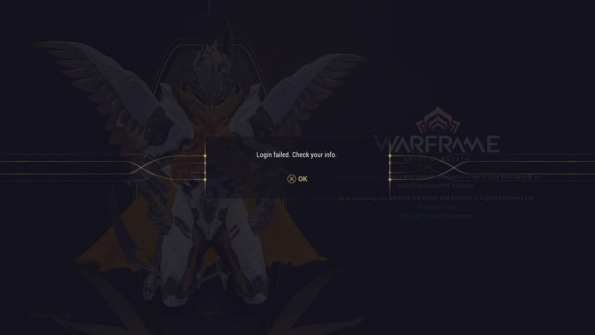The &#039;Login failed, check your info&#039; error may indicate temporary server downtime (Image via Digital Extremes)