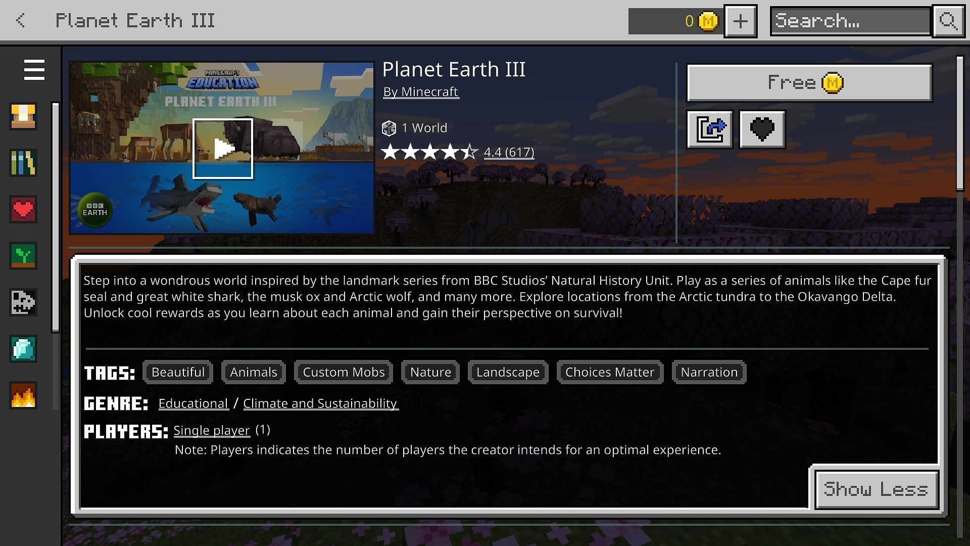 Players can easily download Planet Earth III DLC from the marketplace (Image via Mojang)