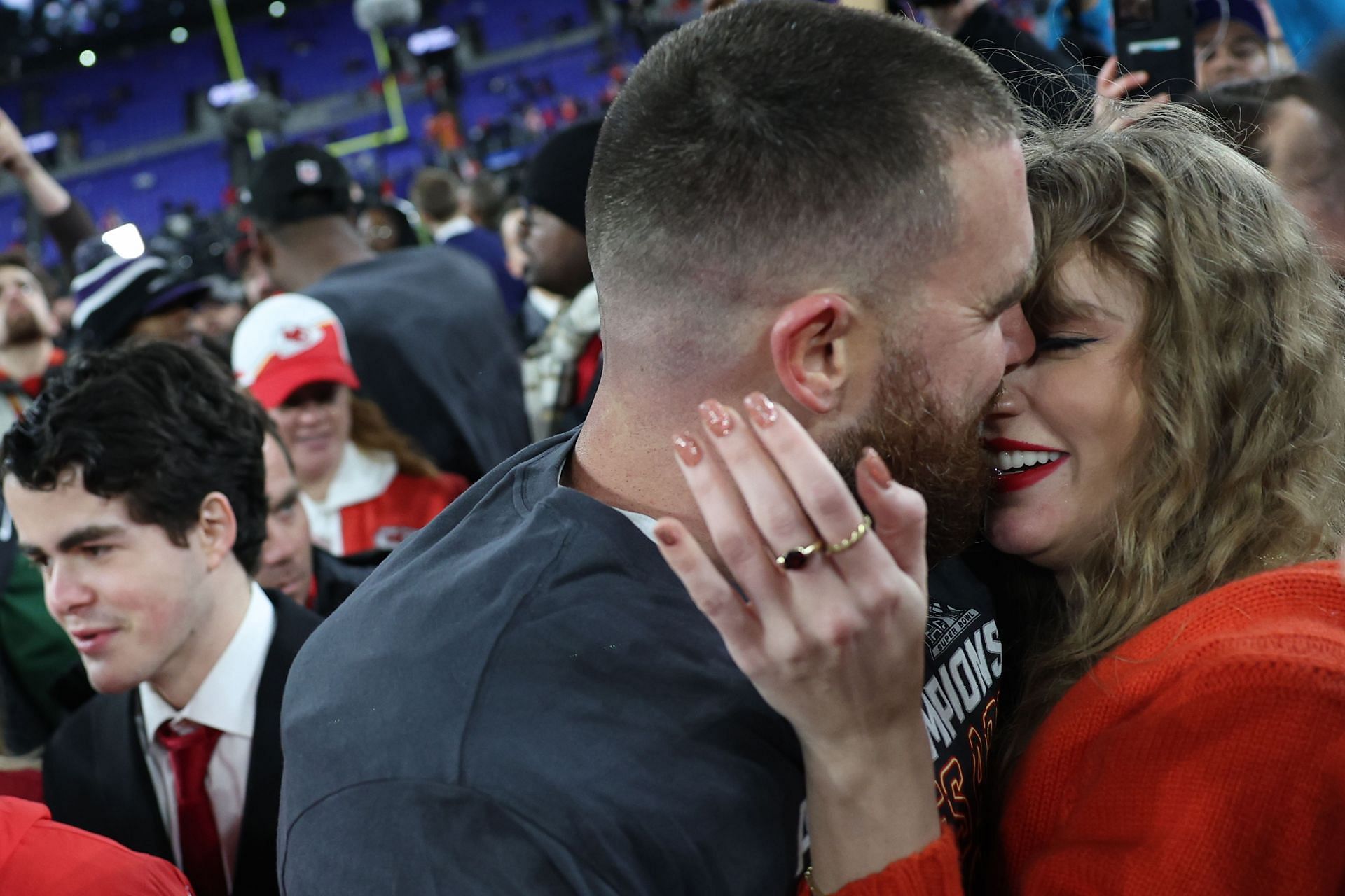 Taylor Swift with Travis Kelce after the AFC Championship game.