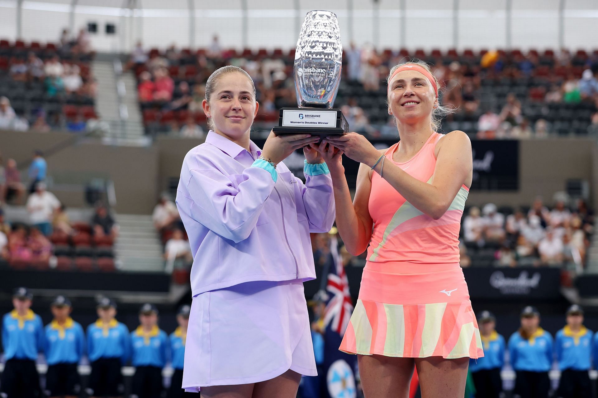 Jelena Ostapenko and Lyudmyla Kichenok pictured after winning Brisbane International