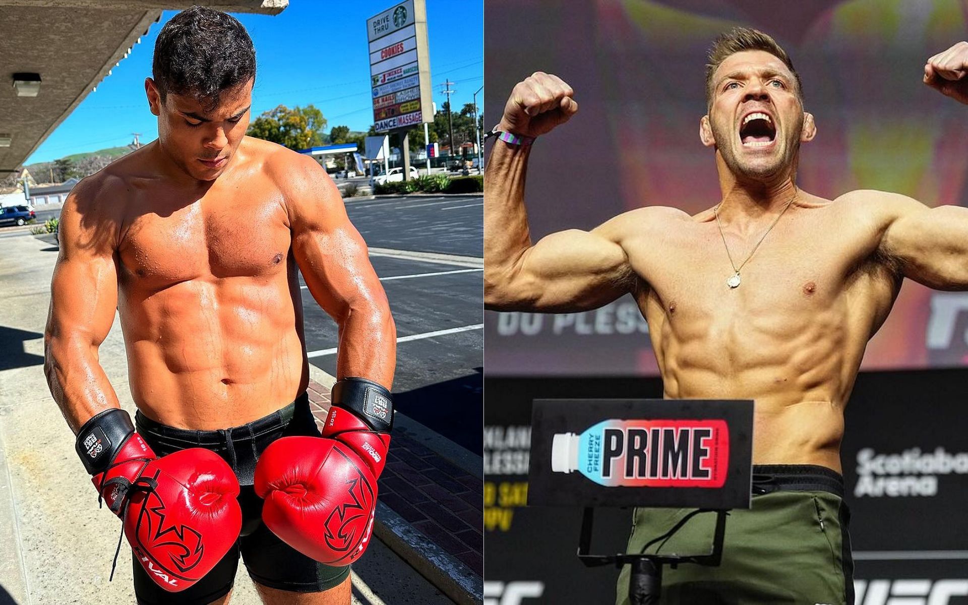 Paulo Costa flexing (left) and Dricus Du Plessis during the UFC 297 weigh-in (right) (Images courtesy @borrachinhamma and @dricusduplessis on Instagram)